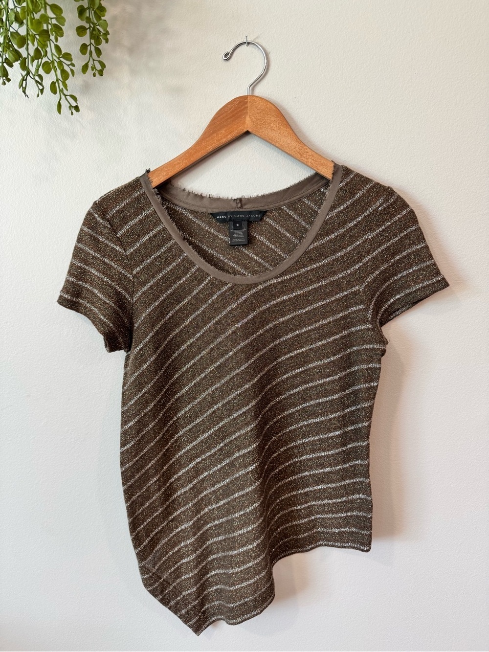 Marc By Marc Jacobs Brown & Cream Striped Short Sleeve Knit Top Size Small